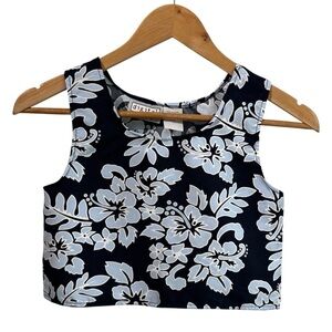 Vintage 90s Y2K Digital Clothing Hibiscus Crop Top Sz S Navy Tropical Floral GUC